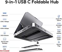 9 in 1 iPad & Tablet Docking Station/Hub for iPad/Tablet Foldable Stand with HDMI 4K@60Hz, SSD Slot (SSD Not Incl), USB-A/C 3.2-10Gbps, USB-A 2.0, SD/TF, 3.5mm Audio Jack, 100W PD