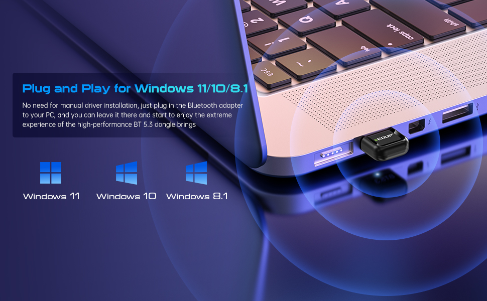 USB Bluetooth 5.3 Adapter for PC, USB Bluetooth Dongle Support Windows 11/10/8.1 Plug and Play for Desktop, Laptop, Mouse, Keyboard, Printers, Headsets, Speakers. Not Suitable for Mac iOS or Linux