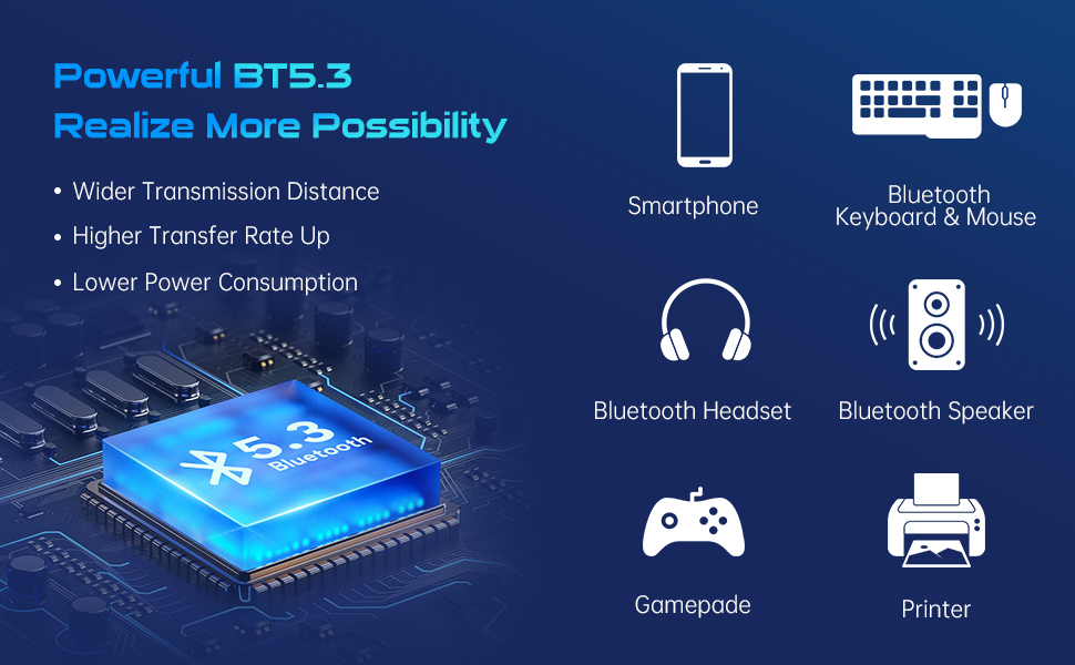 USB Bluetooth 5.3 Adapter for PC, USB Bluetooth Dongle Support Windows 11/10/8.1 Plug and Play for Desktop, Laptop, Mouse, Keyboard, Printers, Headsets, Speakers. Not Suitable for Mac iOS or Linux