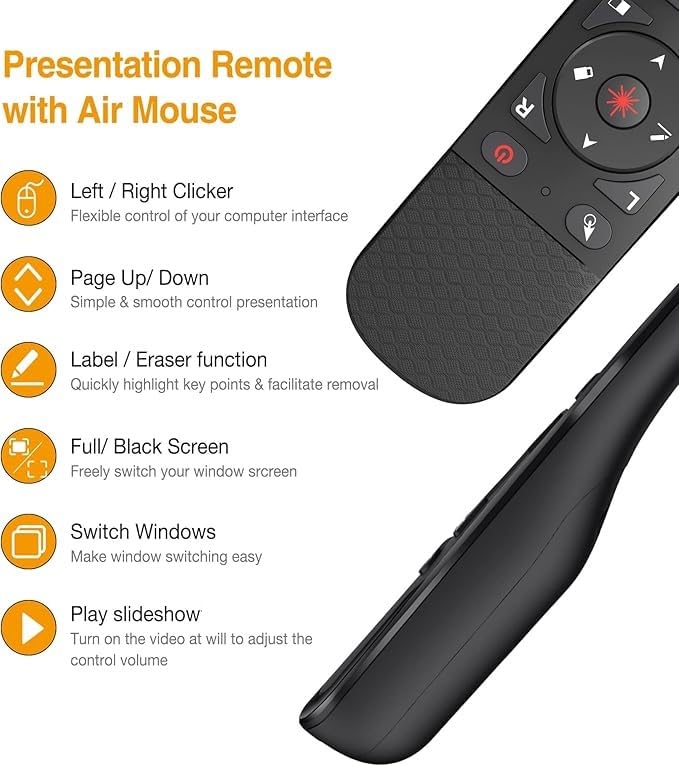 Presentation Remote with Air Mouse & Multiple Other Functions, Wireless Presenter Clicker RF 2.4GHz USB Red Laser Pointer Presenter for PC Widely Compatible NOT Compatible with LED LCT TV
