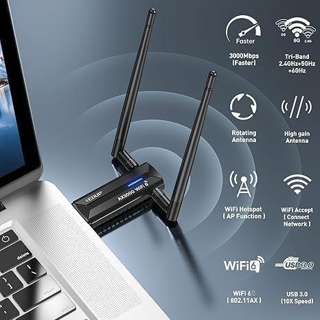AX3000M USB 3.0 WiFi 6 Adapter Wireless WiFi Dongle Network Adapter 802.11AX Tri-Band 6GHz/5GHz/2.4GHz Dual 5dBi Antennas for PC Desktop Laptop Compatible with Windows 11/10 64Bits