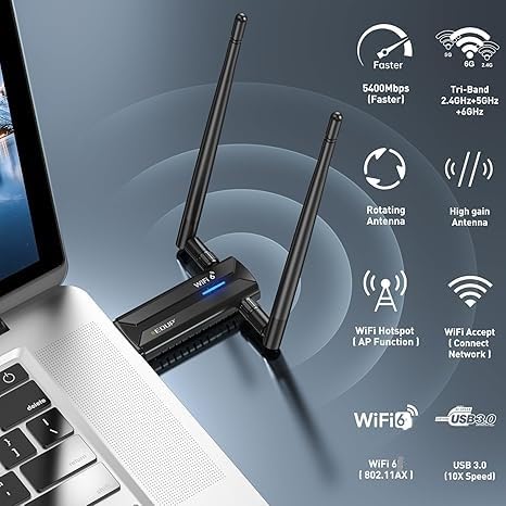 WiFi 6 USB 3.0 WiFi Adapter for PC, AX5400M 802.11AX, Tri-Band, Dual 5dBi Antennas, EDUP Wireless USB WiFi Dongle Network Adapter for PC Laptop, Only Compatible with Windows 11/10