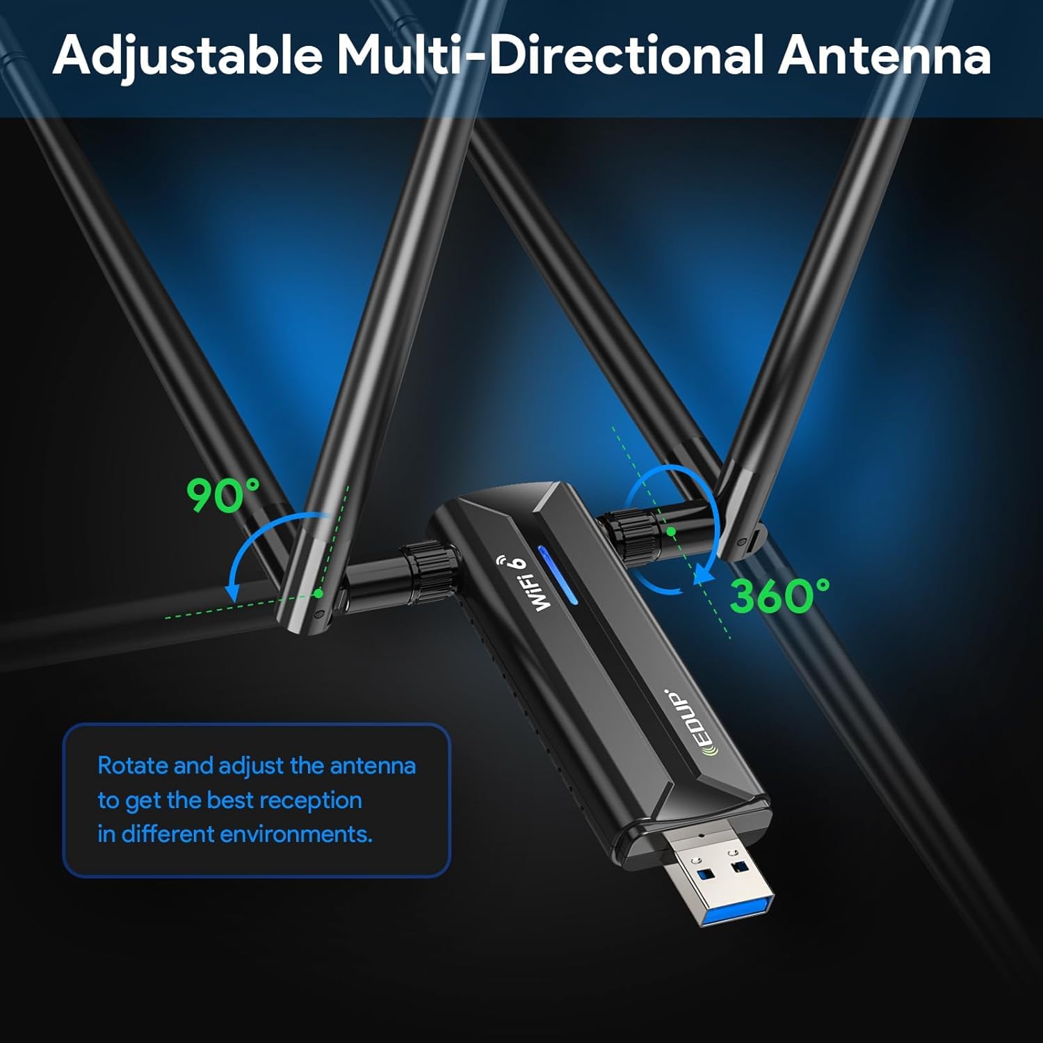 WiFi 6 USB 3.0 WiFi Adapter for PC, AX5400M 802.11AX, Tri-Band, Dual 5dBi Antennas, EDUP Wireless USB WiFi Dongle Network Adapter for PC Laptop, Only Compatible with Windows 11/10