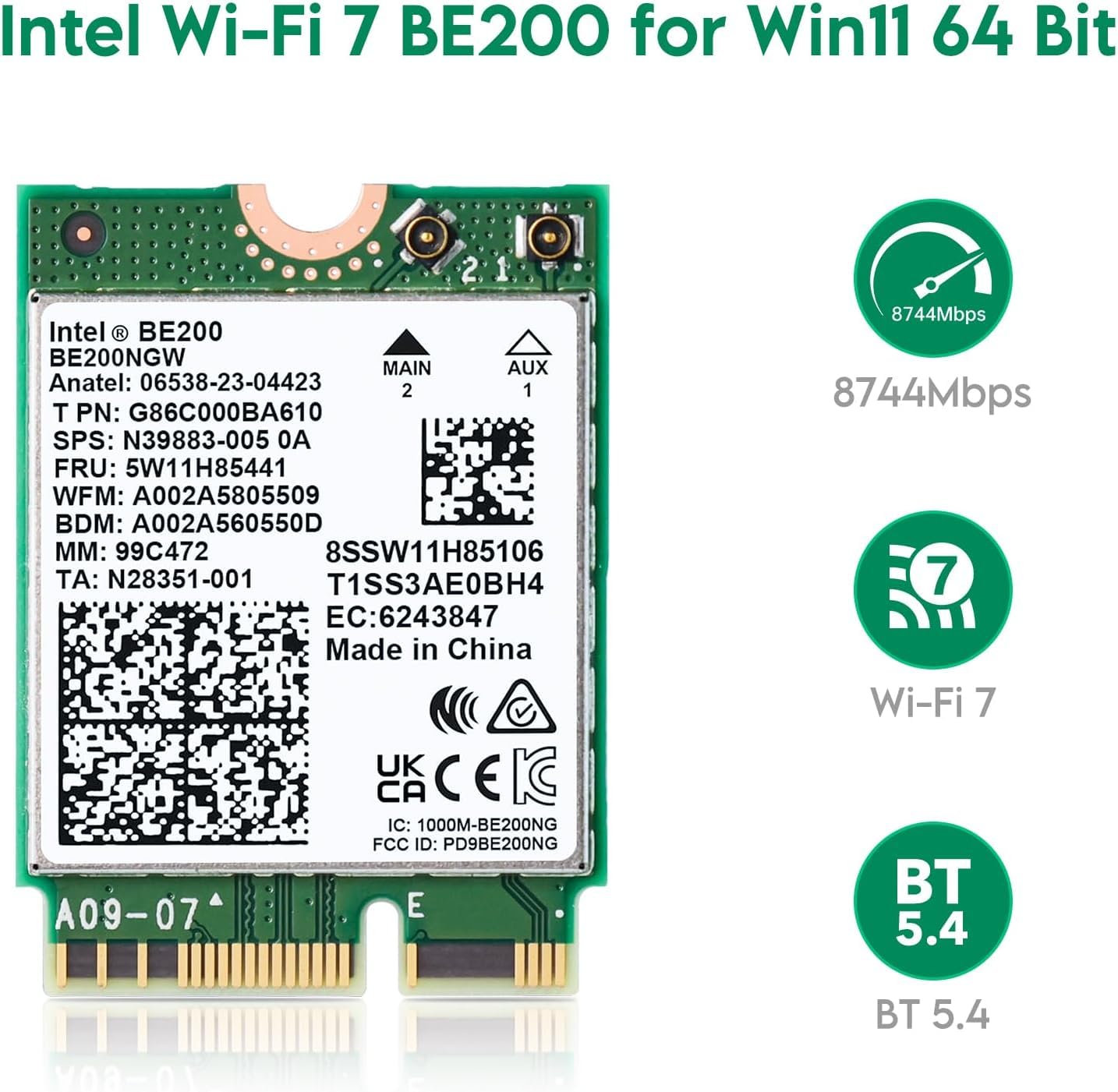 WiFi7 Network Card Intel BE200 NGW 8774Mbps Bluetooth 5.4 802.11be NGFF M.2 Module MU-MIMO, WPA4, Wireless Network Adapter for Laptop, Only Works for Windows 11 (64-bit)