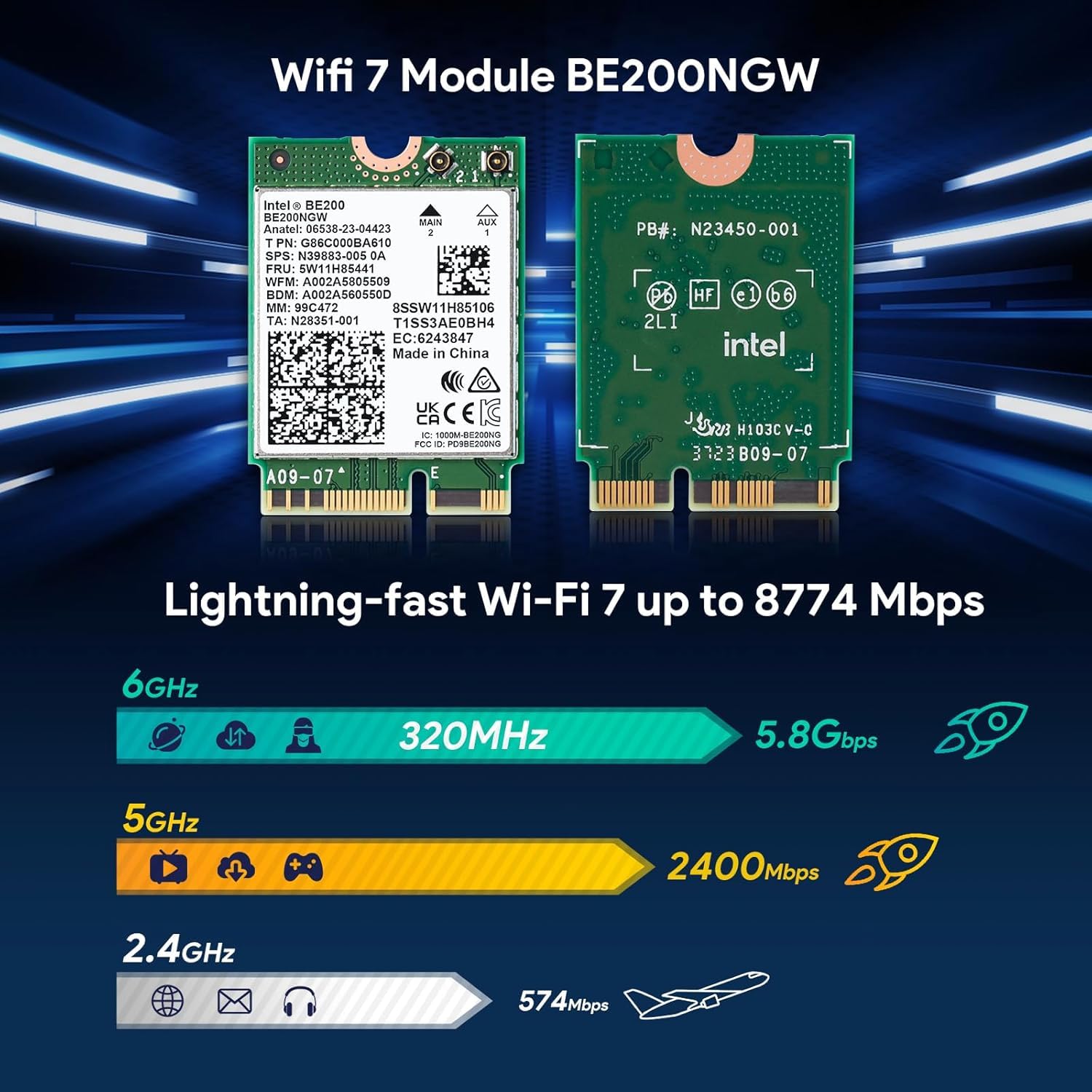 WiFi7 Network Card Intel BE200 NGW 8774Mbps Bluetooth 5.4 802.11be NGFF M.2 Module MU-MIMO, WPA4, Wireless Network Adapter for Laptop, Only Works for Windows 11 (64-bit)