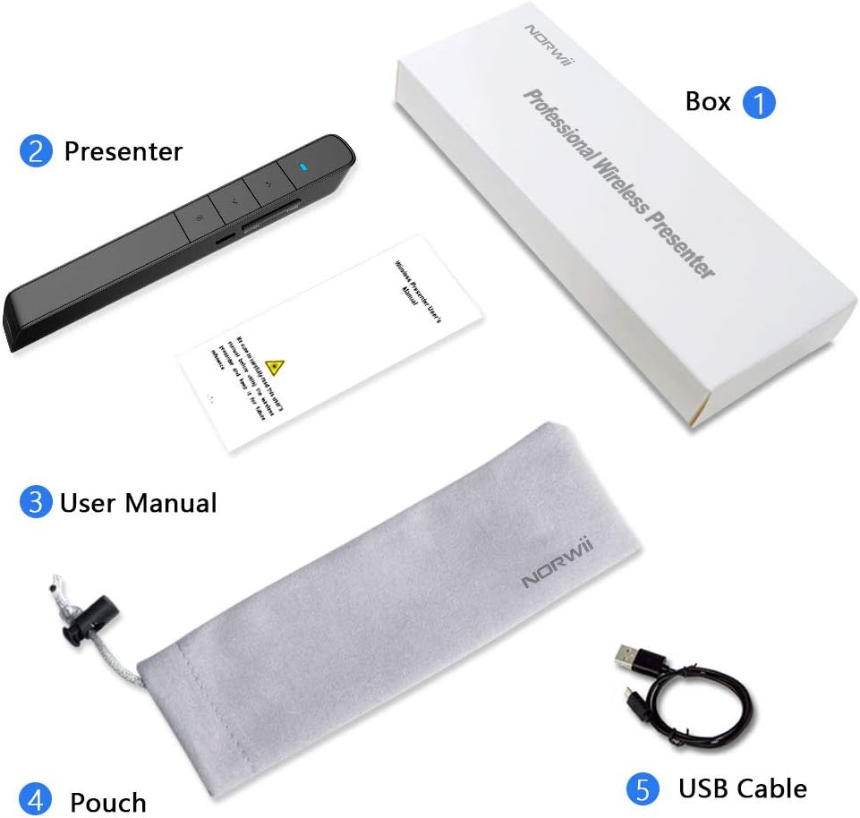 Norwii N75 Wireless 2.4G Rechargable 360 mAh Battery Green Laser Presenter Pointer Clicker with Page Up Dn Hyperlink Function for Windows iOS Not Compatible with LCD LED TV Screen (Black)